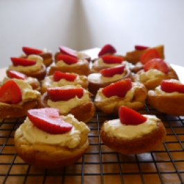Strawberry and orange cream choux buns - https://studentbaking101.wordpress.com/2014/09/25/rainbow-cupcakes/
